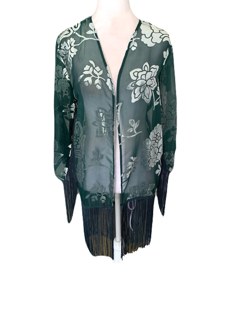 Green Sheer Floral Velvet Burnout Fringe Small Kimono Cover-Up Boho Festival